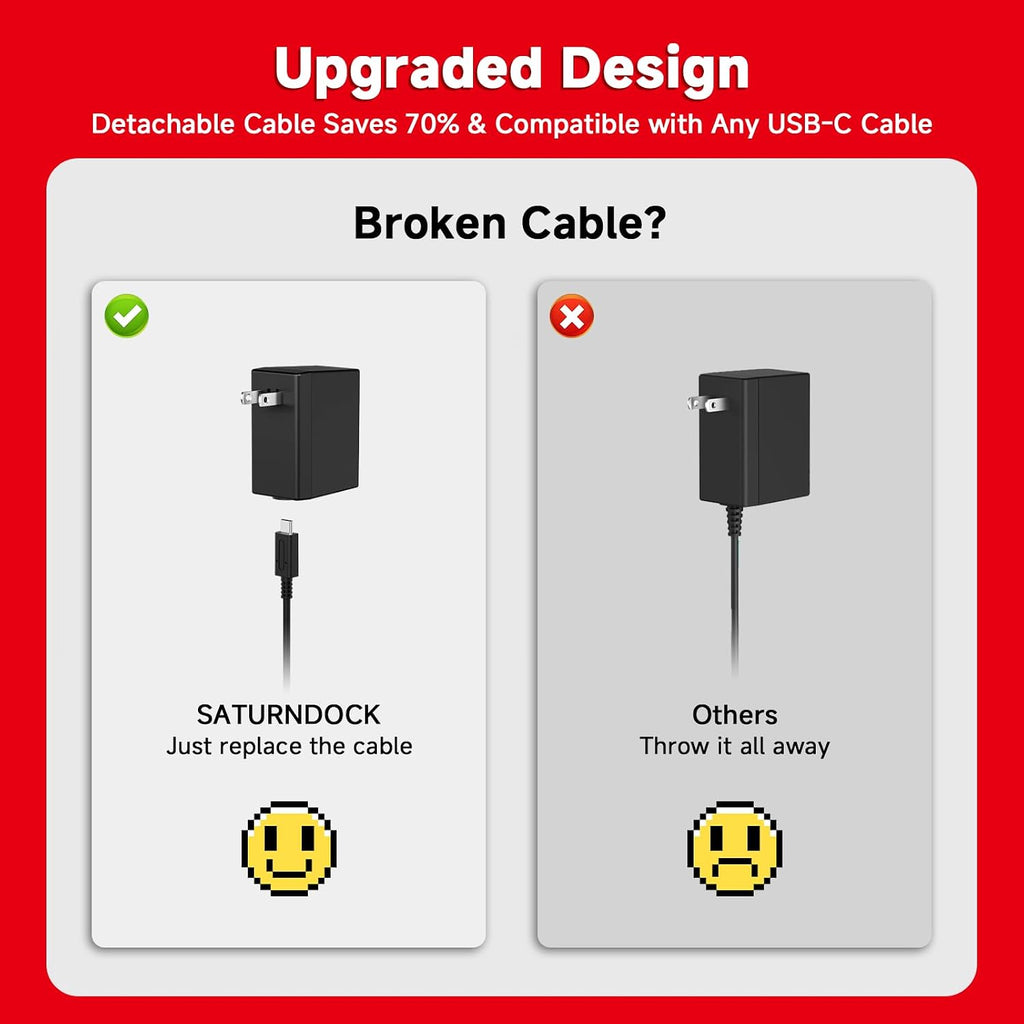 Charger for Nintendo Switch, 45W AC Adapter Fast Charging with 5ft Detachable USB C Cable, Compatible with Switch/OLED/Lite, Steam Deck, Support TV Mode, Original Quality