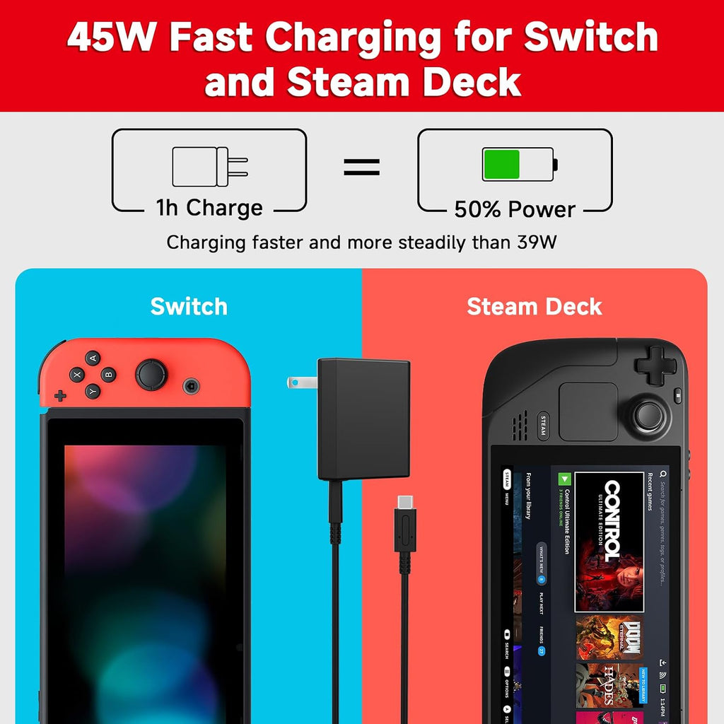 Charger for Nintendo Switch, 45W AC Adapter Fast Charging with 5ft Detachable USB C Cable, Compatible with Switch/OLED/Lite, Steam Deck, Support TV Mode, Original Quality