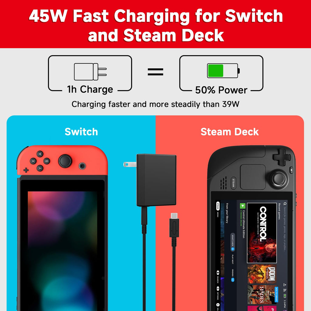 Charger for Nintendo Switch, 45W AC Adapter Fast Charging with 5ft Detachable USB C Cable, Compatible with Switch/OLED/Lite, Steam Deck, Support TV Mode, Original Quality